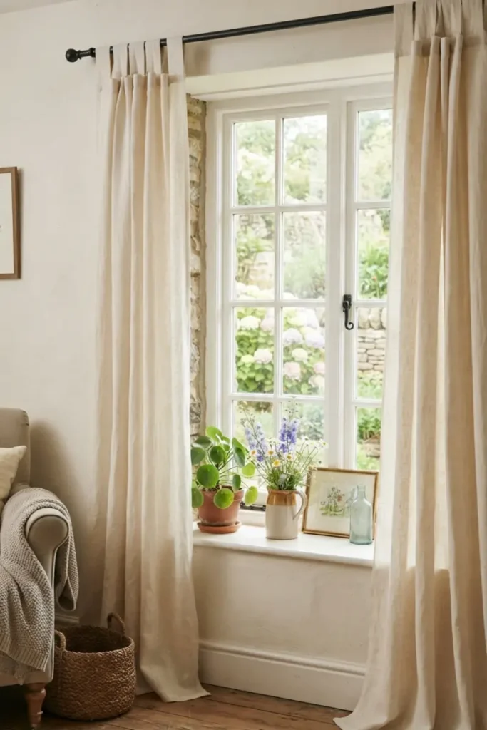 Tab-top curtains with fabric loops sliding onto a rod in a cottage-style window
