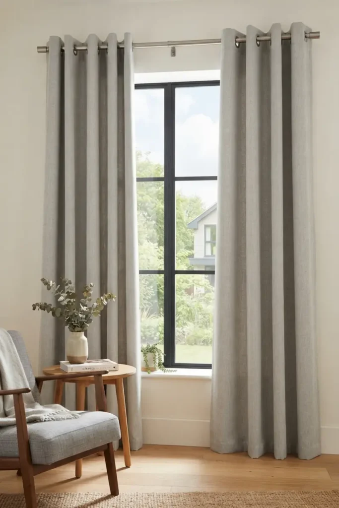 Grommet curtains with metal eyelets threaded onto a rod for a modern look