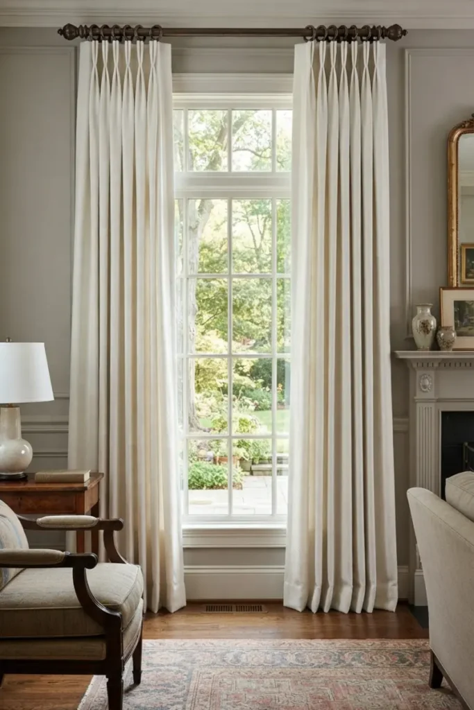 Pinch pleat curtains with crisp tailored triple-fold pleats at the header