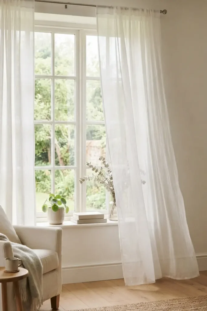 Sheer curtains filtering soft daylight while gently revealing the garden view