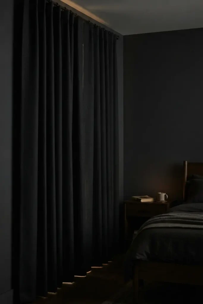 Thick blackout curtains fully blocking light in a dark bedroom