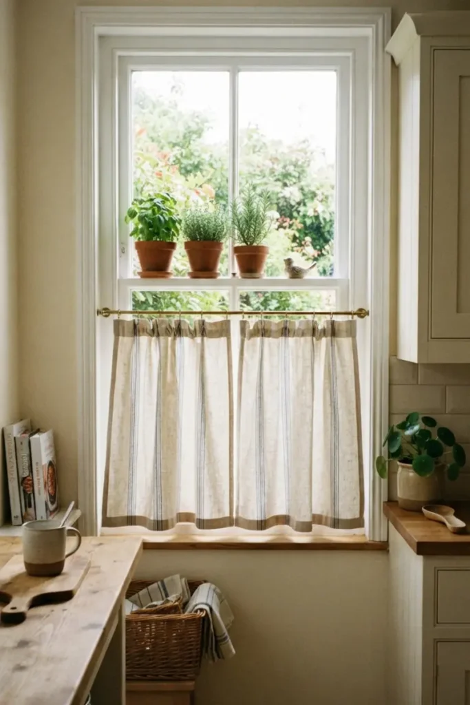 Café curtains covering the lower half of a kitchen window, mounted at mid-window height