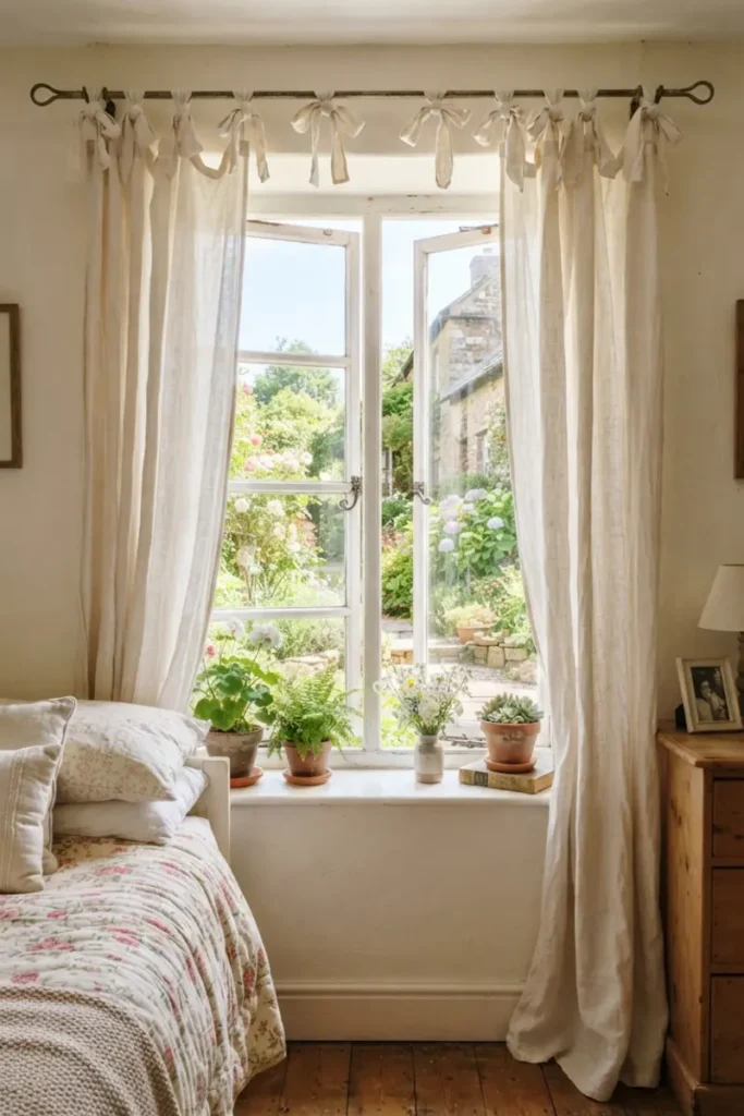 Tie-top curtains with fabric bows knotted around a rod in a cottage bedroom