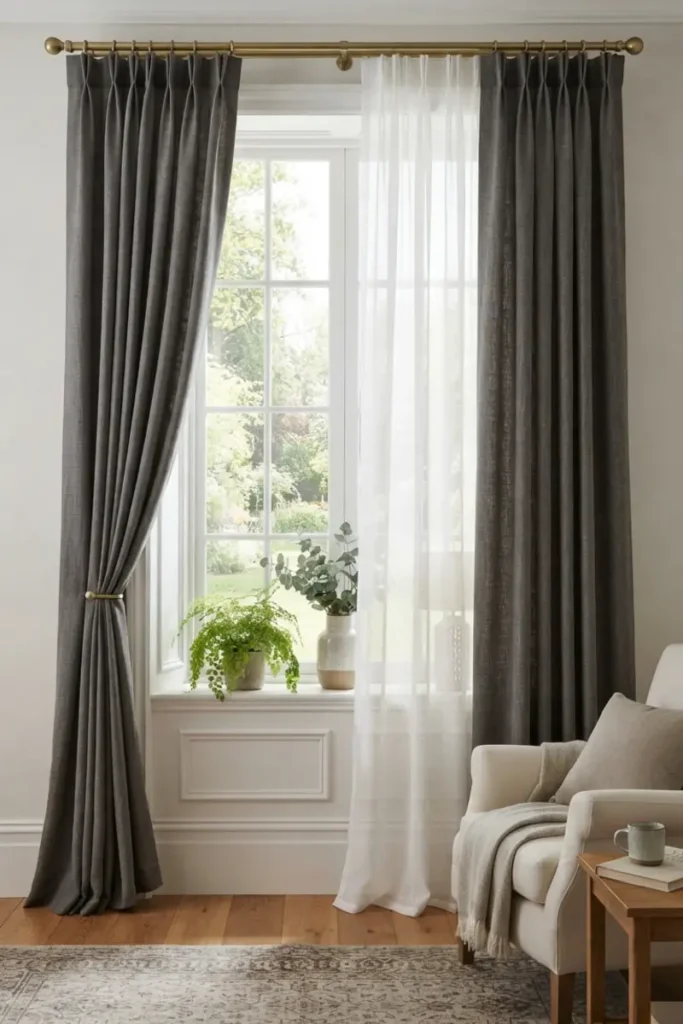 Layered double curtains combining a sheer panel with heavier drapes on the same rod