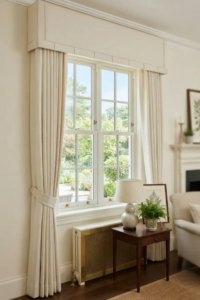 Structured box cornice topping a window, hiding the curtain rod for a tailored look