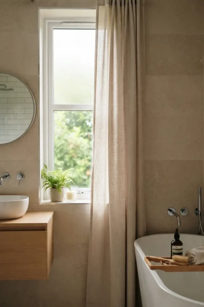 Moisture-resistant curtain fabric hanging beside a bathroom window near the sink and tub