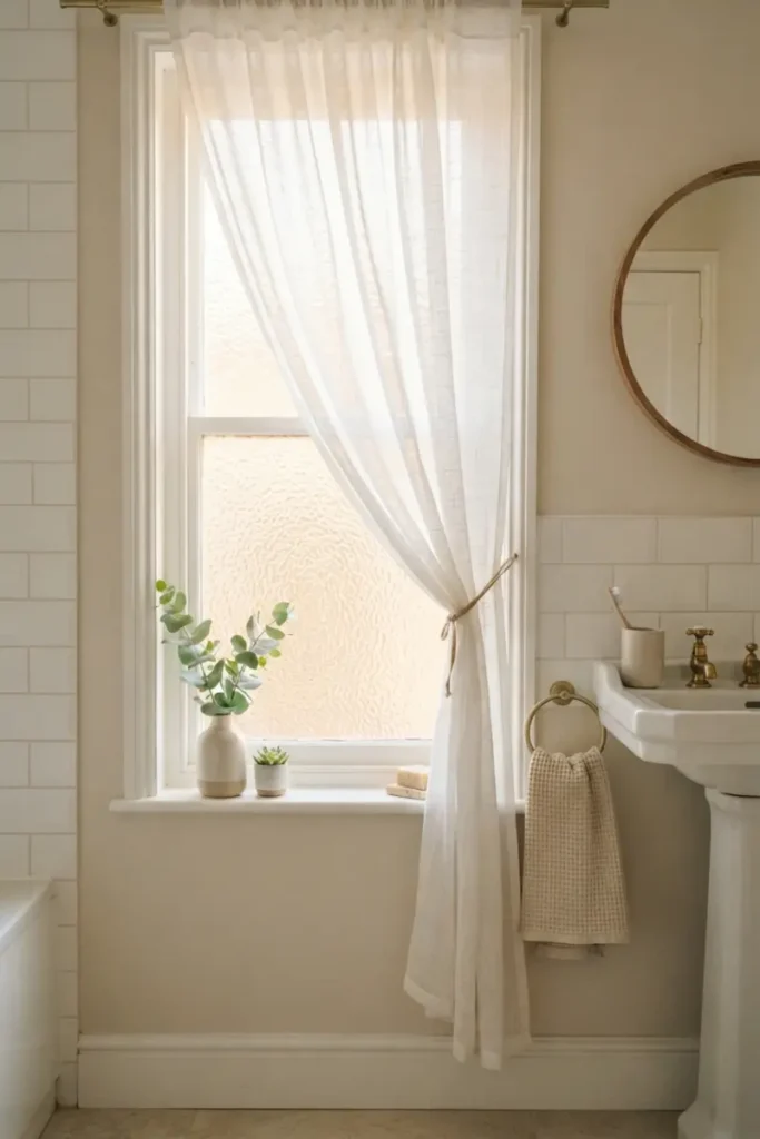 Sheer curtain layered over a frosted-glass bathroom window, letting soft light in while keeping privacy