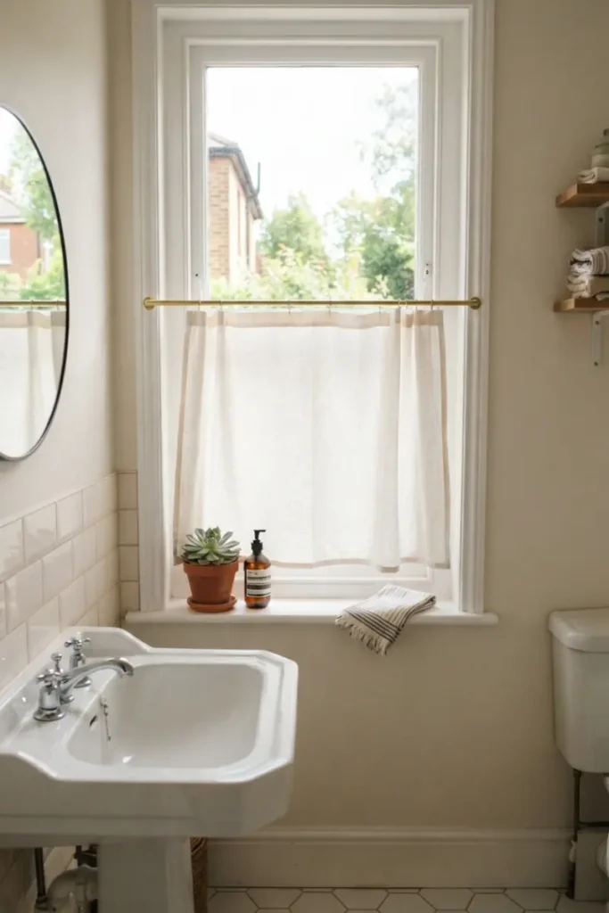 Short café curtain covering the lower half of a bathroom window, blocking view at eye level while letting light in above