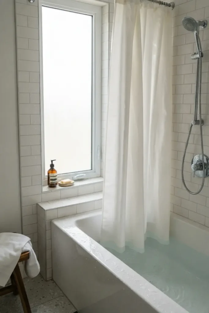 Waterproof vinyl-backed curtain hanging beside a bathtub filled with water, positioned for direct water exposure