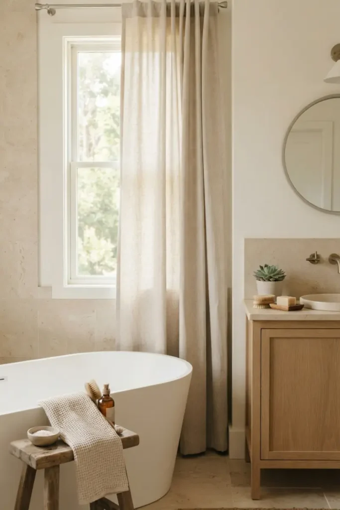 Soft neutral linen-look curtain creating a calm, spa-like feel beside a freestanding bathtub