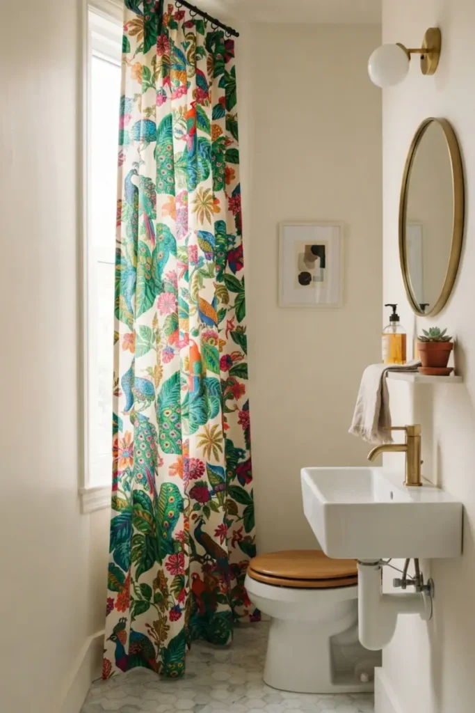 Bold, vividly patterned curtain making a statement in a small powder room with simple neutral walls