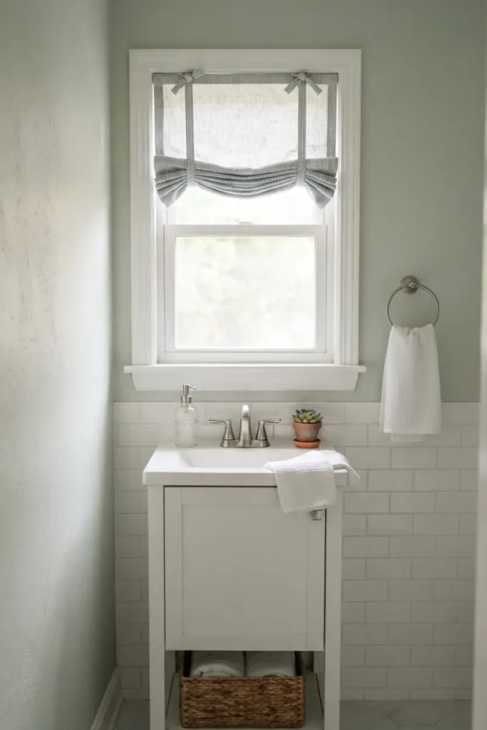 Tie-up curtain gathered close to the top of a bathroom window, staying clear of the vanity below to save space