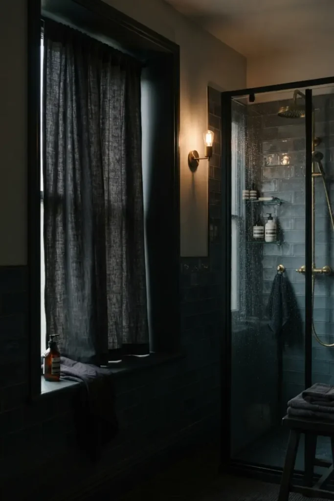 Room-darkening curtain controlling glare on a bathroom window positioned near the glass shower enclosure