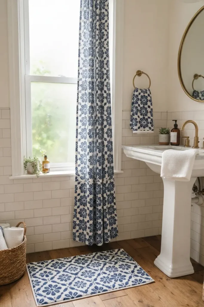 Matching navy floral curtain, towel, and bath mat creating a coordinated, pulled-together bathroom look