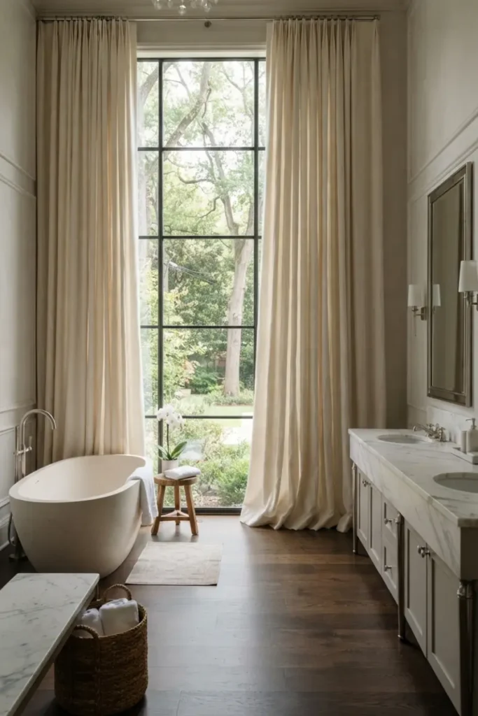 Extra-long, generously wide curtain panels reaching floor to ceiling in a large primary ensuite bathroom