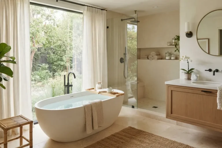 Bathroom curtain ideas: sheer linen curtains framing a freestanding tub and glass shower in a spa-like bathroom