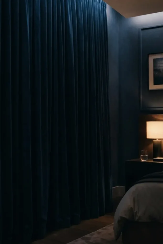 Thick blackout velvet curtains fully drawn in a moody bedroom with warm lamp light