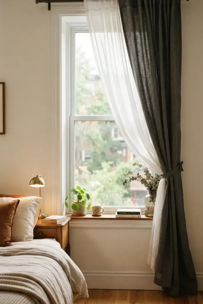 Layered sheer and charcoal curtains combined on the same rod in a cozy bedroom