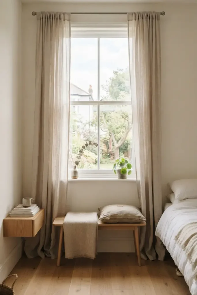 Soft neutral linen curtains filtering natural light in a calm minimalist bedroom