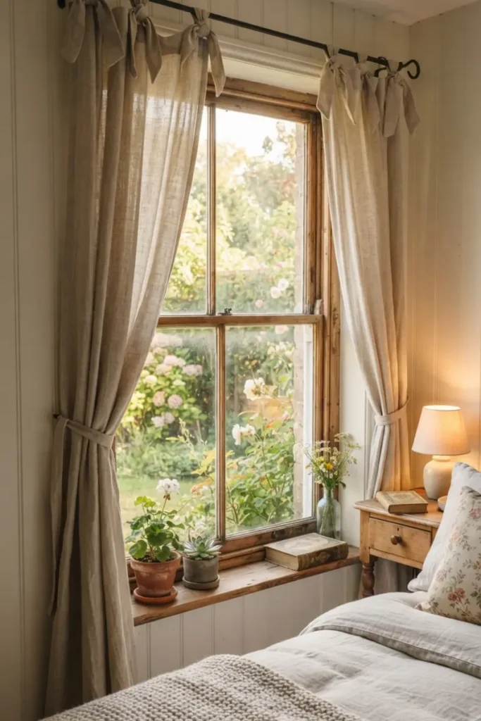 Tie-top curtains with fabric bows knotted around a rod in a cozy cottage bedroom