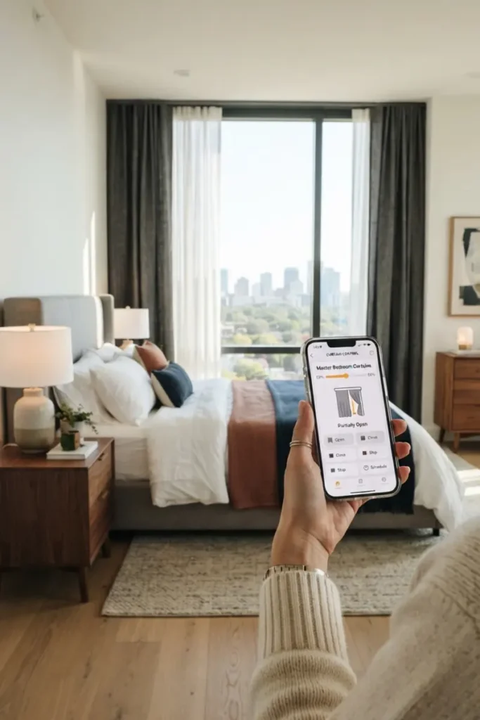 Motorized bedroom curtains controlled from a smartphone app showing partially open status