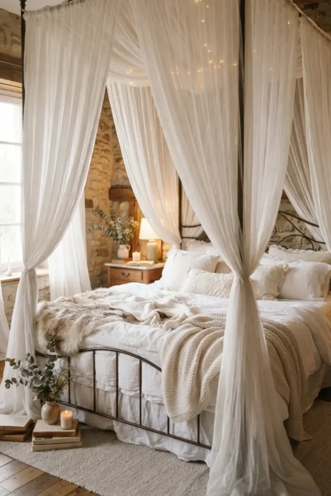 Sheer canopy drapery flowing around a bed frame in a romantic bedroom