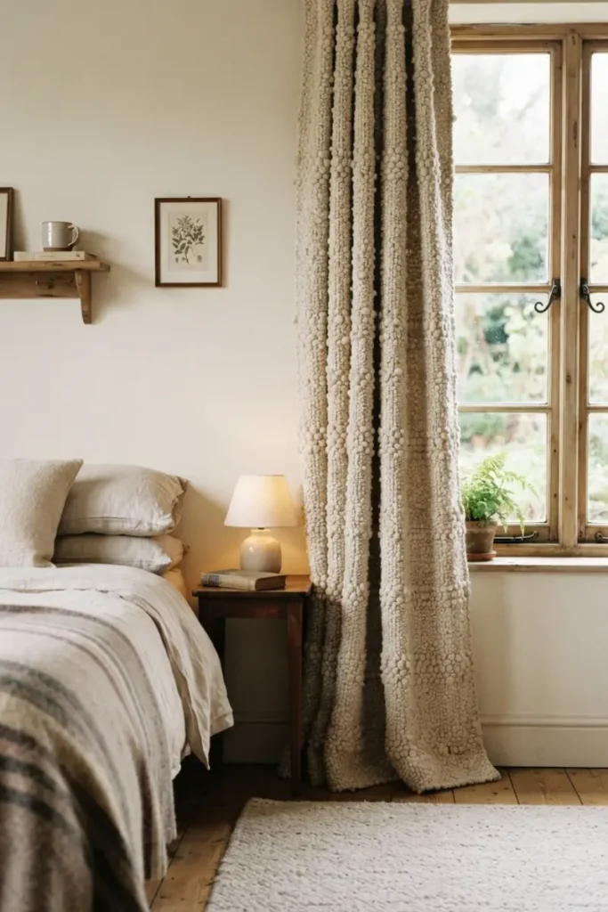 Thick nubby bouclé curtain hanging beside a warmly lit cozy bedroom window