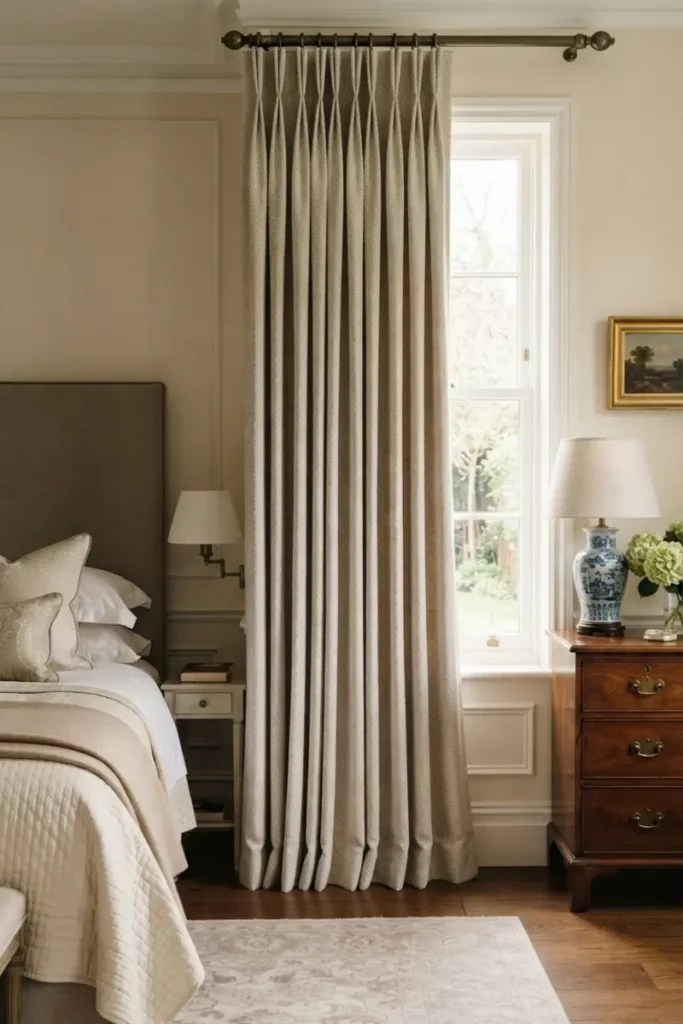 Elegant tailored pinch pleat curtains hanging in a polished formal bedroom