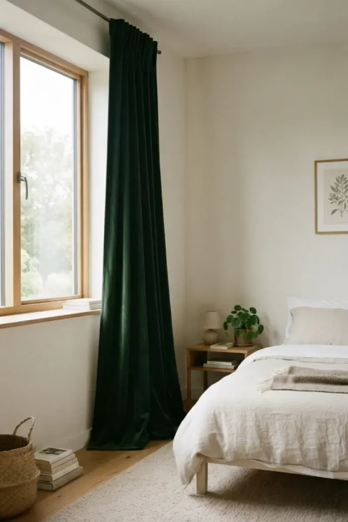 Deep forest green statement curtain as the bold focal point in a neutral minimal bedroom