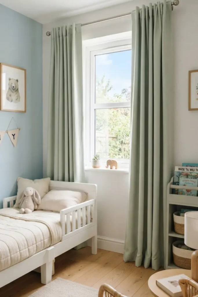 Simple cordless sage green curtains hanging safely in a calm kids' bedroom