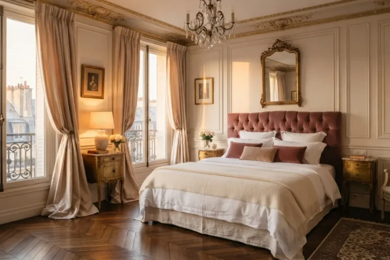Bedroom curtain ideas: elegant bedroom with soft flowing curtains framing tall windows