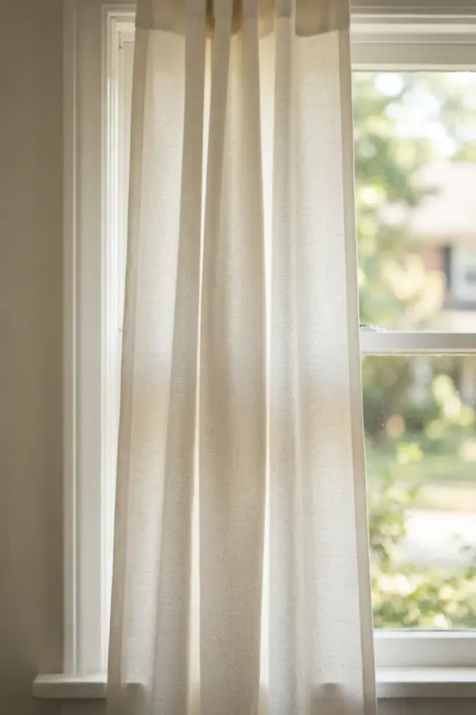 Close-up of crisp, tightly-woven cotton curtain fabric hanging at a bright window