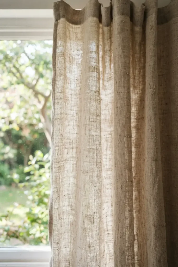 Close-up of natural linen curtain fabric showing its loose, irregular slub weave
