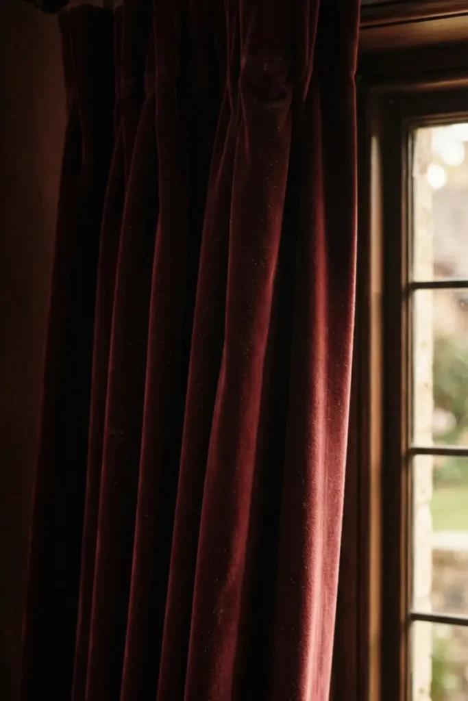 Close-up of rich burgundy velvet curtain fabric showing its dense plush pile
