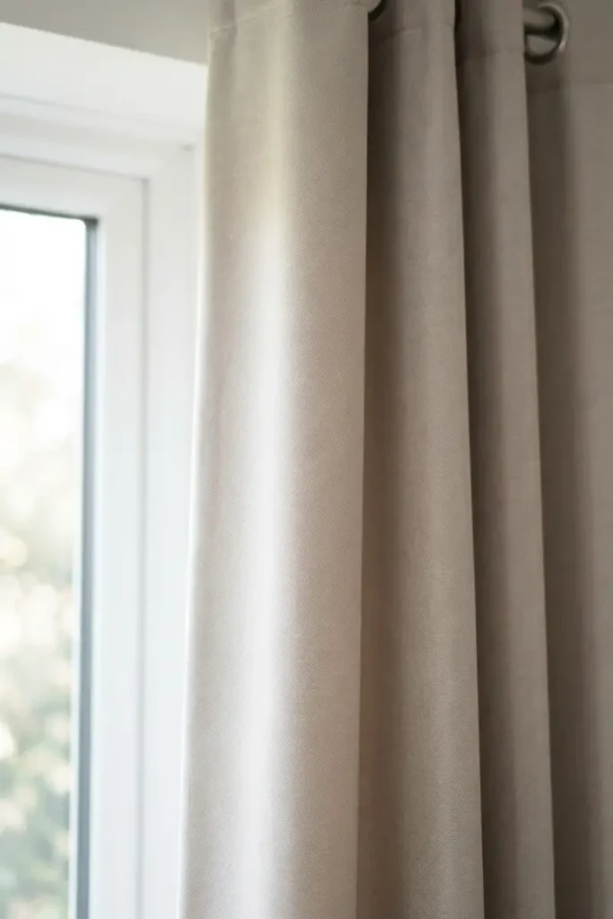Close-up of smooth, low-maintenance polyester curtain fabric with a subtle synthetic sheen