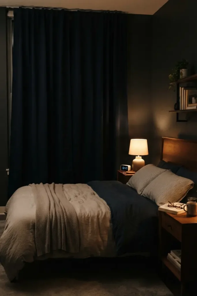 Fully closed, dense blackout curtain keeping a bedroom dim and calm at night