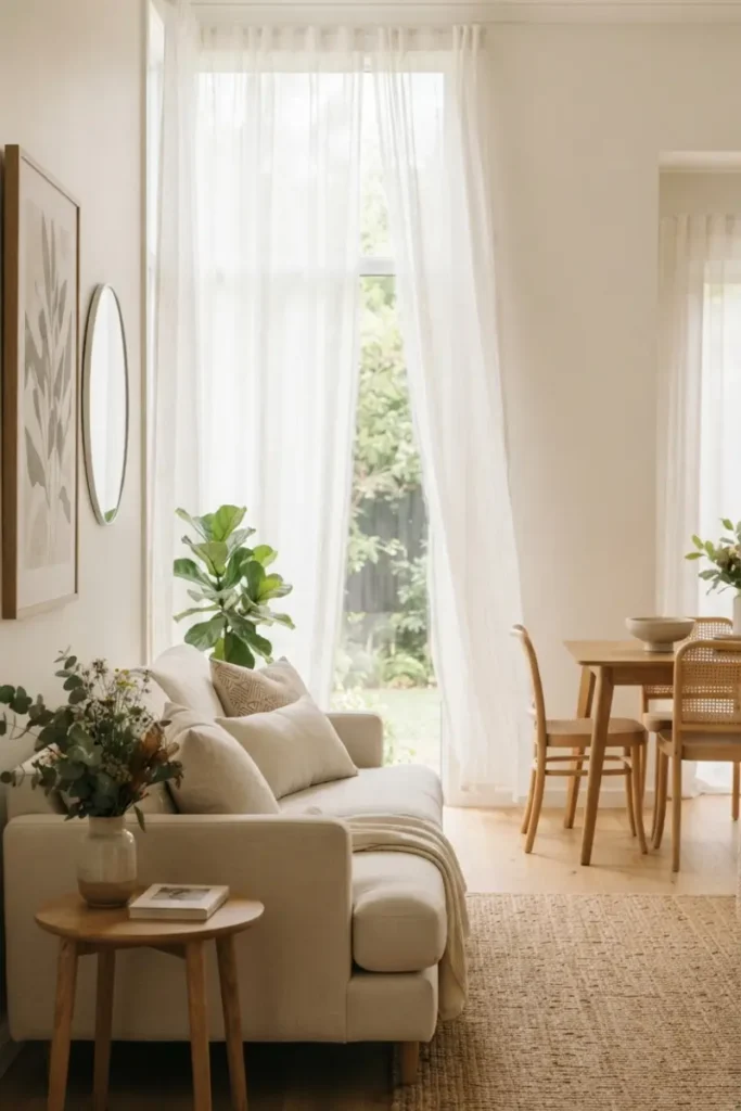 Bright, translucent sheer curtains letting daylight flood a living room and dining space
