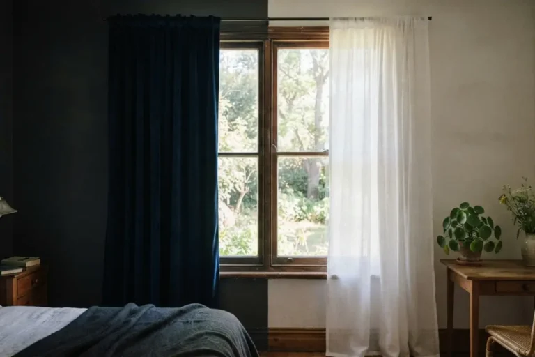 Split room comparison showing a heavy blackout curtain keeping one side dim versus a sheer curtain letting light flood the other side