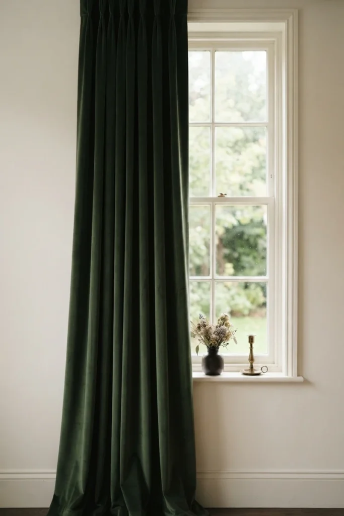 Heavy velvet curtain with 1.5x to 2x fullness hanging in structured folds beside a window