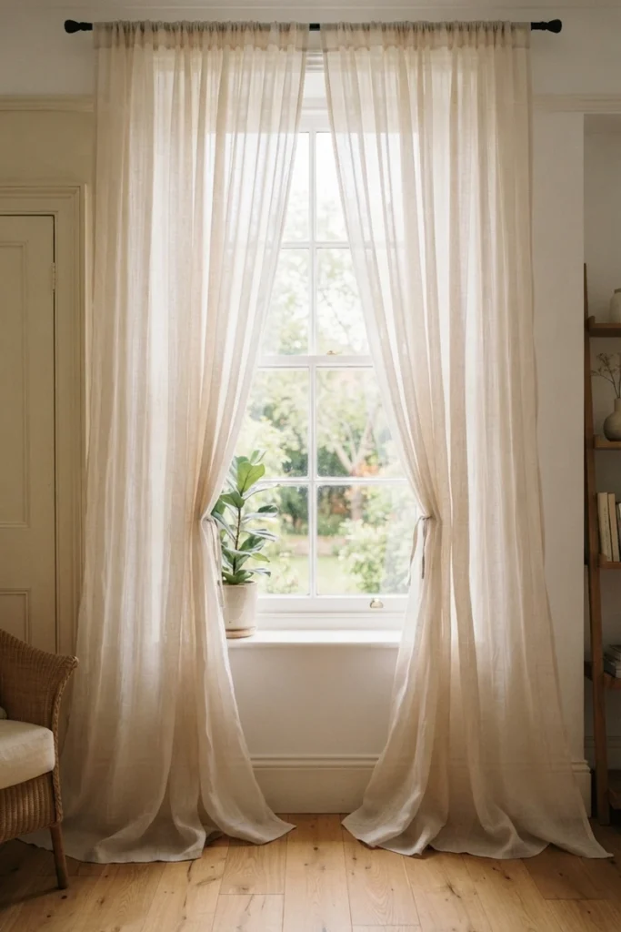 Sheer curtains with 2.5x to 3x fullness creating a soft, translucent gathered look