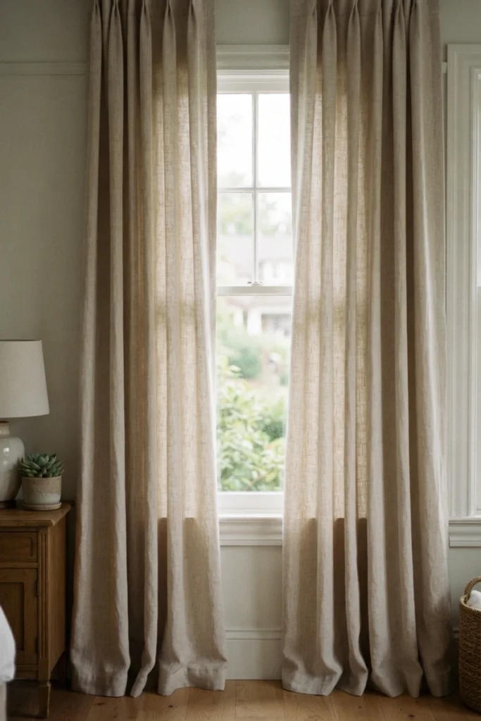 Cotton-linen curtains with standard 2x fullness gathered in soft folds beside a window