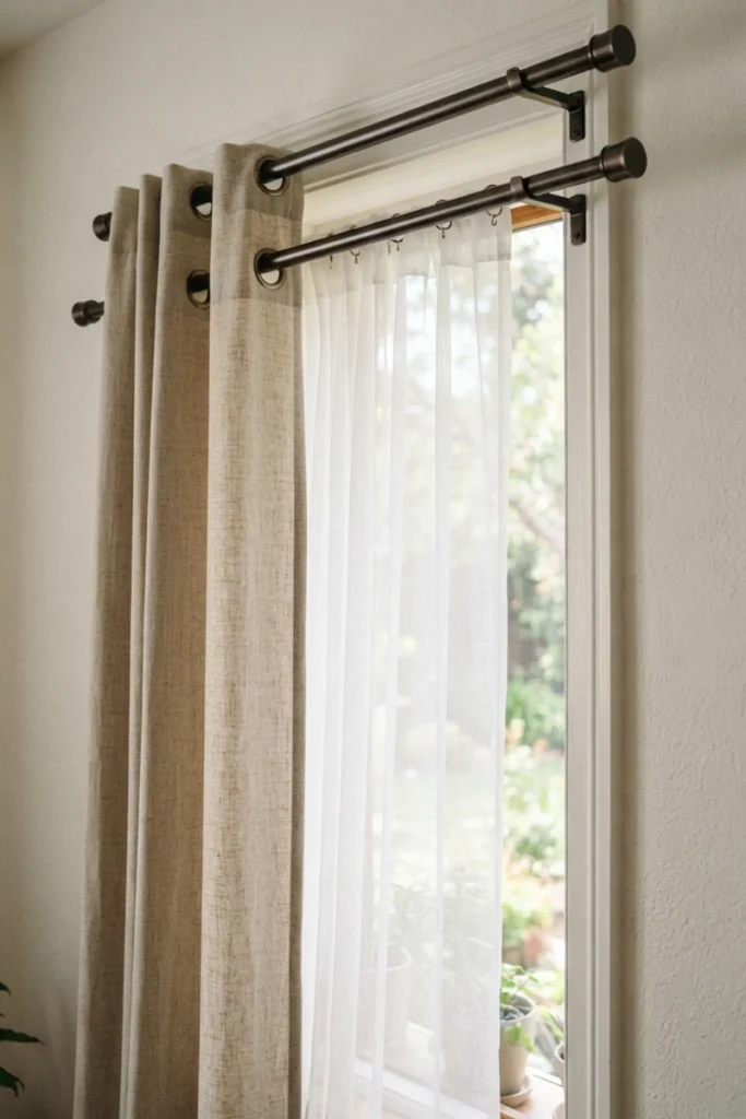 Two parallel curtain rods holding a sheer panel and heavier drape layered independently