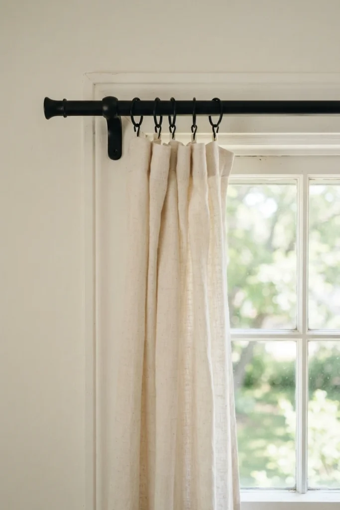 Single black curtain rod with one linen curtain panel hanging beside a window