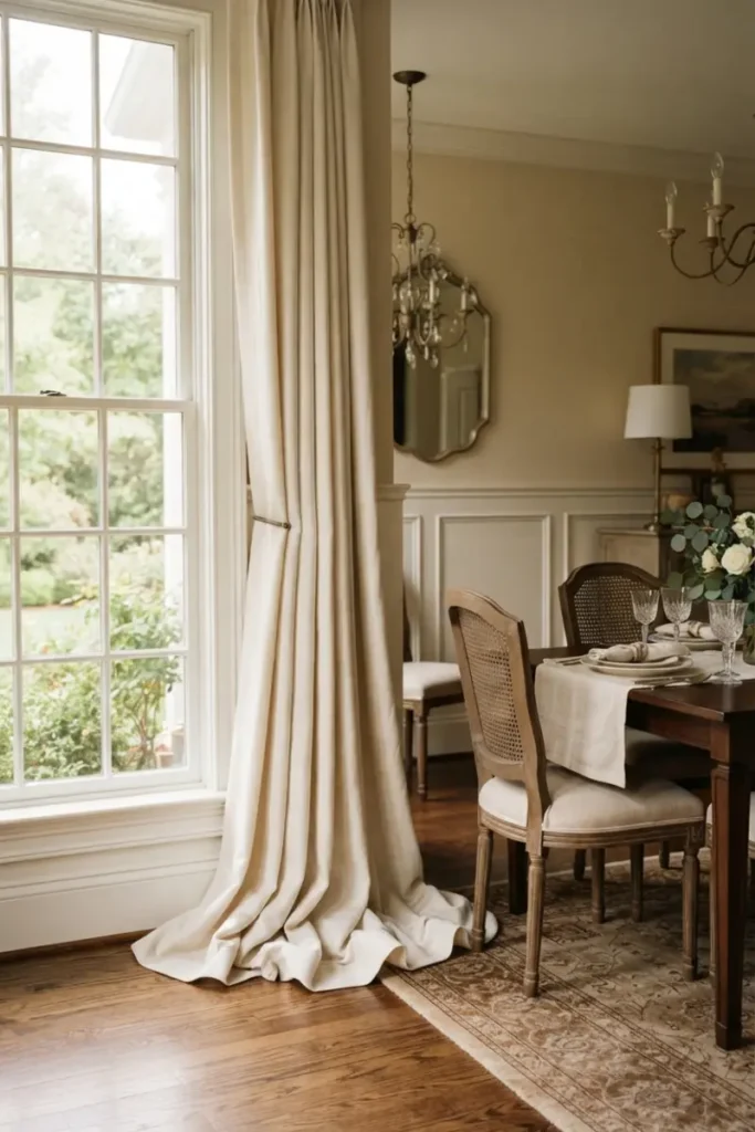 Floor-length curtains pooling elegantly beside a formal dining room window