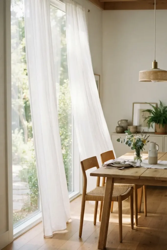 Sheer curtains filtering soft sunlight into an airy dining room near the table
