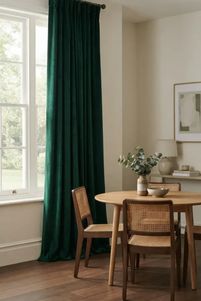 Deep emerald green velvet curtain as a bold focal point in a neutral dining room