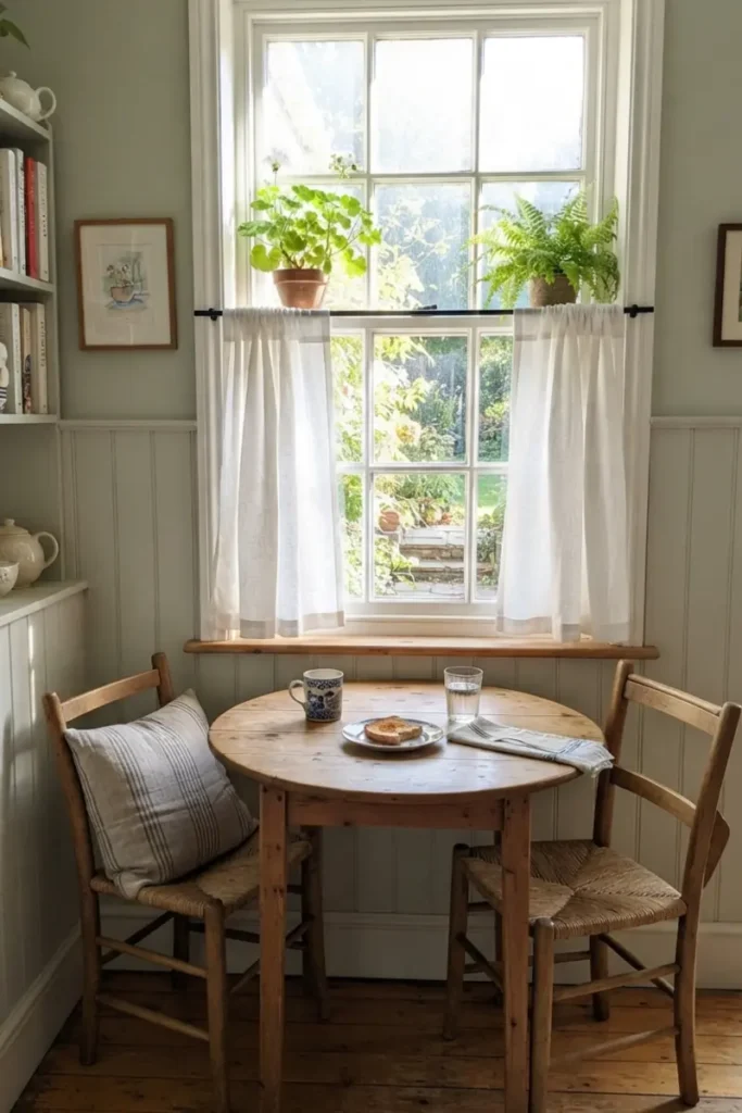 Café curtains covering the lower half of a sunny casual breakfast nook window