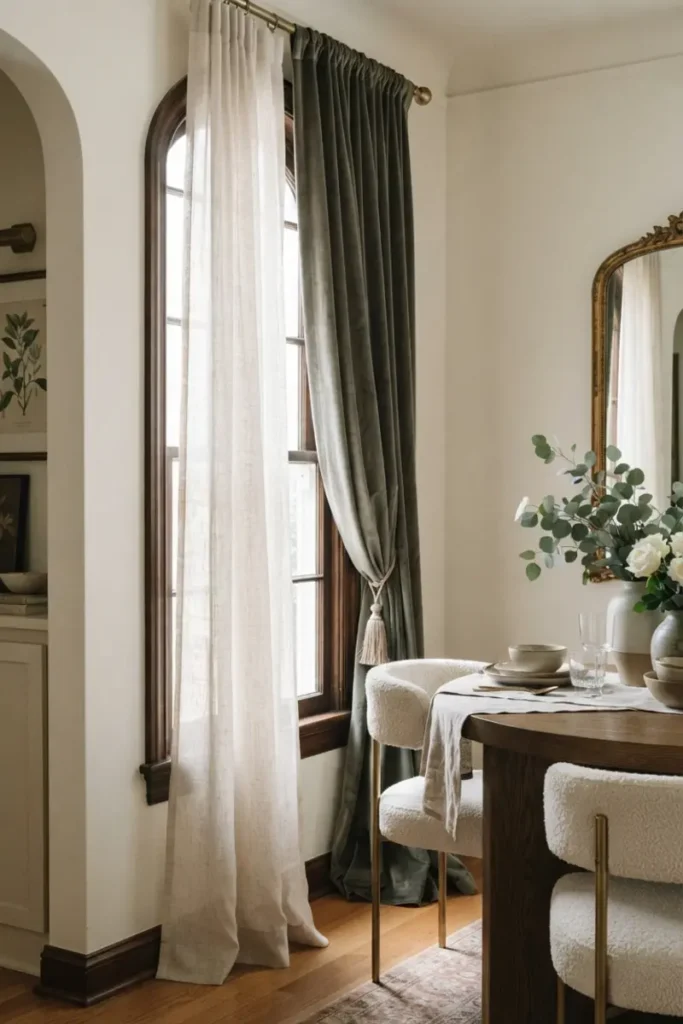Sage velvet drape layered with a sheer panel for flexible light control in a dining room