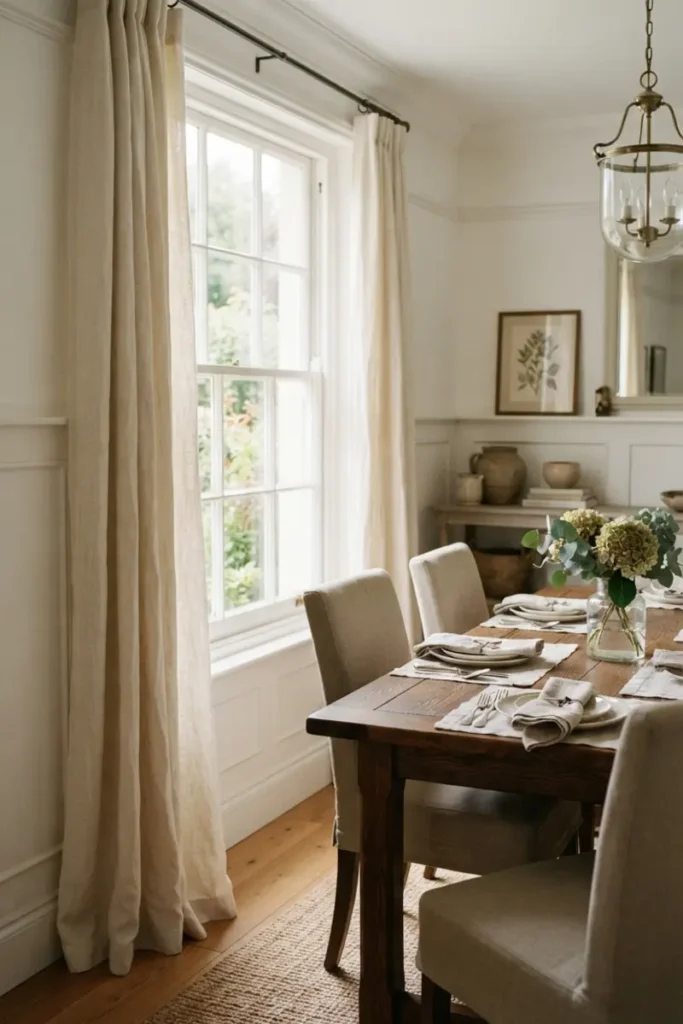 Soft neutral linen curtains in a timeless, classic dining room with a set table