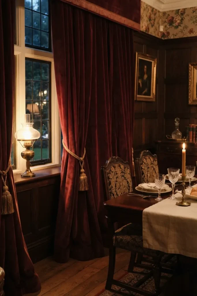 Rich burgundy velvet curtains adding warmth to a candlelit evening dining room